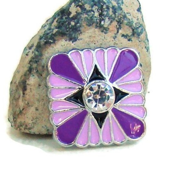 Snap charm button, 20 mm square, noosa style with purple enamel for snap button jewelry brands, like ginger snaps and magnolia and vine