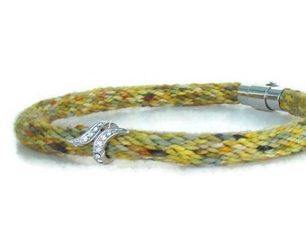 Woven kumihimo bracelet / anklet in golden yellow hand dyed specialty yarn with rhinestone charm and stainless steel magnetic clasp