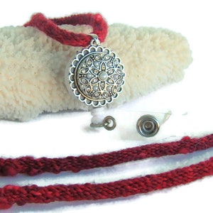 Kumihimo necklace/lanyard, with red hand dyed specialty yarn, noosa style snap button retractable ID holder, 20 mm snap and magnetic clasp