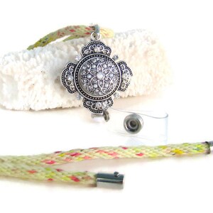 Kumihimo necklace/lanyard, with hand dyed specialty yarn, noosa style snap button retractable ID holder, 20 mm snap and magnetic clasp