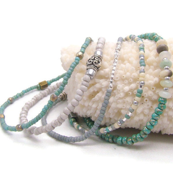 Set of 5 stackable, stretch bracelets / anklets in Amazonite, aqua, silver, and gray seed beads