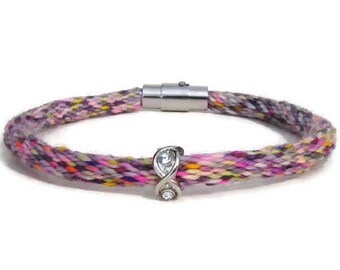 Woven kumihimo bracelet / anklet in gray rainbow specialty yarn with rhinestone charm and stainless steel magnetic clasp