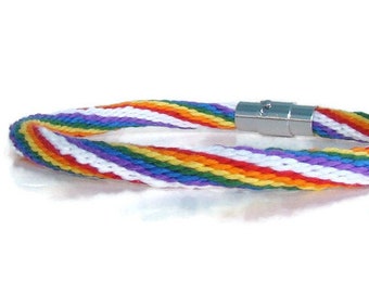 Woven rainbow pattern kumihimo bracelet, 32 strand with stainless steel magnetic clasp