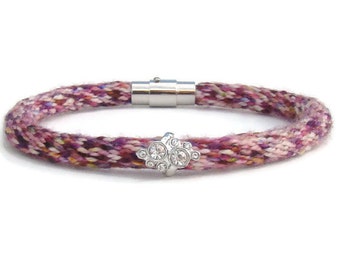 Woven kumihimo bracelet / anklet in pink variegated, hand dyed specialty yarn with rhinestone charm and stainless steel magnetic clasp