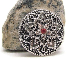 Snap charm button with red rhinestone for regular 18-20 mm size snap jewelry brands like ginger snaps and style dots