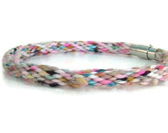Woven kumihimo bracelet / anklet in hand dyed, rainbow tweed yarn with stainless steel magnetic clasp