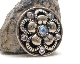 Snap charm button, in flower design with iridescent rhinestone for regular 18-20 mm snap jewelry brands like ginger snaps and style dots