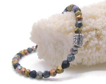 Mixed metal tone, beaded, stretch bracelet