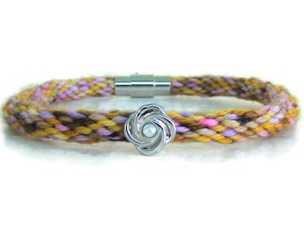 Woven kumihimo bracelet / anklet with hand dyed specialty yarn, silver tone charm and stainless steel magnetic clasp