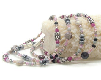 Seed bead, stretch necklace / wrap bracelet/ anklet with tourmalines, porcelain jasper, and pink, gray, silver, and black seed beads