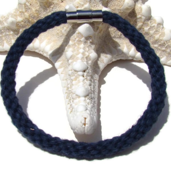 Woven unisex kumihimo bracelet / anklet in navy blue yarn with stainless steel magnetic clasp