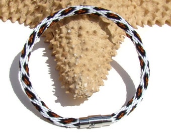 Woven unisex white leopard print kumihimo bracelet with stainless steel magnetic clasp