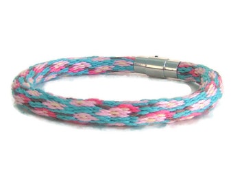 Woven kumihimo bracelet / anklet in floral design with stainless steel magnetic clasp