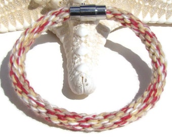 Woven kumihimo bracelet / anklet in red, beige, and light yellow swirl yarn with stainless steel magnetic clasp