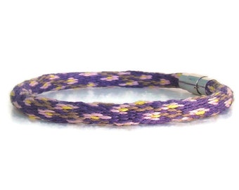 Woven 36 strand kumihimo bracelet / anklet in pink flower design with stainless steel magnetic clasp
