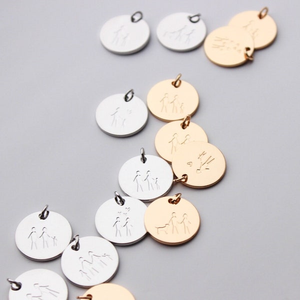 Engraved Family Stick Figure Charms, Sisters Charm, Family Engraved Charm, Couples Charm with Dog, Mother & Daughter | BBB SUPPLIES | C-E024