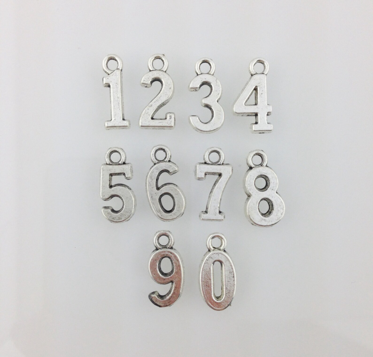 Set of 10 Antique Silver Number Charms, Number Charms, 110 Charm Set