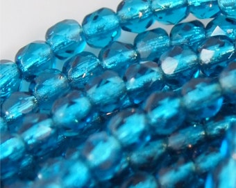 Czech Fire Polished Beads 4mm round-Quantity 50-Silver Lined Teal (CZ 4R SLT)