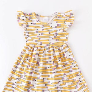 Girls Back to School Monogram Pencil Dress Toddler Little big Embroider Custom personalize name yellow first day ruffle flutter short sleeve