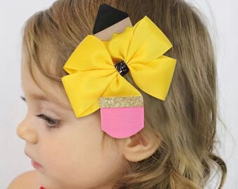 Girls Back to School 6" Pencil Hair Bow Accessories Yellow Pencil with Eraser metal hair clip Large First Day of School outfit