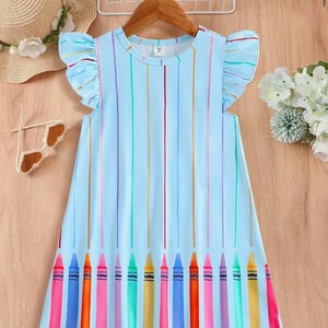 Girls Back to School Crayon Dress Embroidered Monogram Custom personalize toddler first day flutter sleeve matching bow crayola Kindergarten