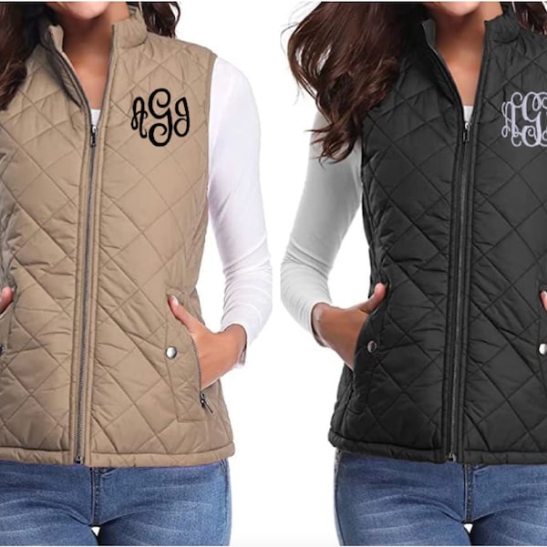 Women's Monogram Vest Lightweight Puffy Quilted Jacket Black Khaki Wine Olive Green Tan Beige Embroider Christmas Gift Present Mom Daughter