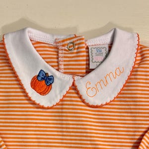 Monogram Baby Girl Bubble Romper, Orange Stripe, Pumpkin Embroidered Name