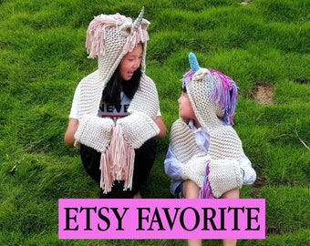 Girls Unicorn knit hooded scarf with pocket gloves and hat all in one personalized with name or monogram magical winter wear toddler