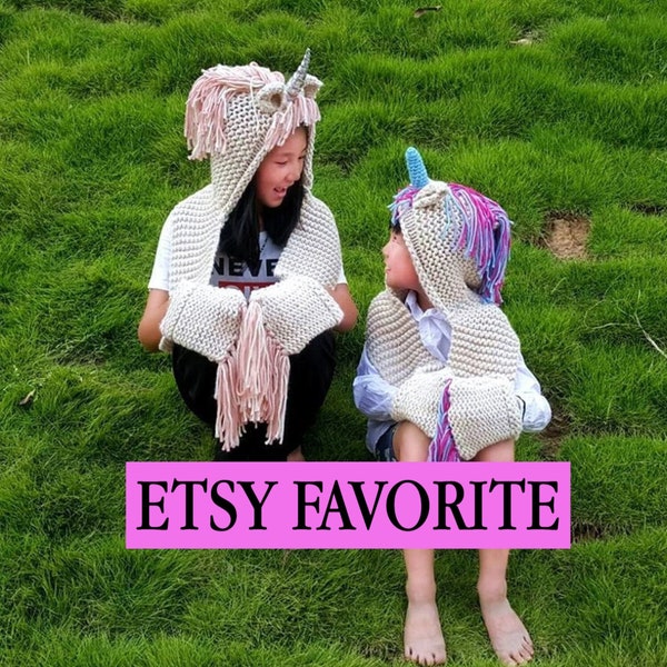 Girls Unicorn knit hooded scarf with pocket gloves and hat all in one personalized with name or monogram magical winter wear toddler