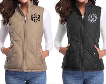 Women's Monogram Vest Lightweight Puffy Quilted Jacket Black Khaki Wine Olive Green Tan Beige Embroider Christmas Gift Present Mom Daughter