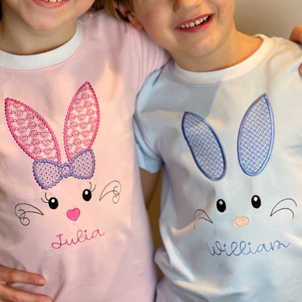 Monogram Easter Bunny Face Pajama PJ Match Sibling Spring Custom Pink Light Blue White Stripe Girl Boy Personalize Egg Chick Carrot Dino Dig