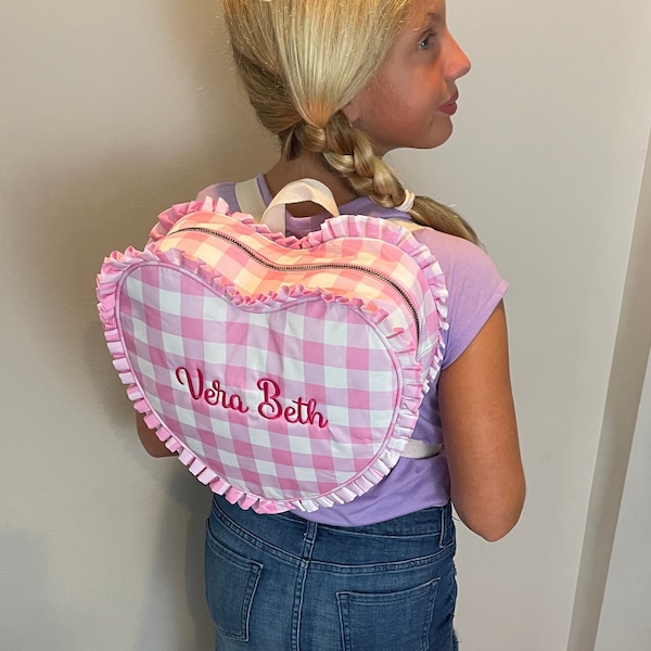 Monogram Heart Shape Backpack Personalize Book Bag Back to School Women Girl Toddler Kid Preschool Pink blue Easter gift ruffle purse play
