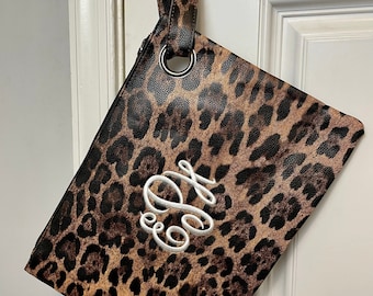 Women's Monogram Oversized Clutch Leopard Cow Animal Print Vegan Leather PU Handheld Wristlet Large Handbag Evening Purse Bag personalize