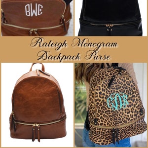 May include: A brown leather backpack purse with a gold zipper and a monogrammed initial "BWE". The backpack is open and a black book is inside. The backpack is also shown in black and leopard print.