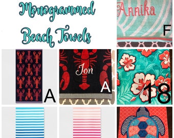 25 COLORS! Monogrammed Personalized Beach Pool Towel Pineapples, Lobster, nautical, flamingo, mermaids, sharks, Adult, Striped, Embroidered