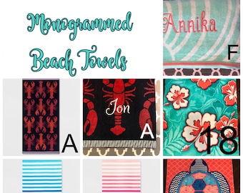 25 COLORS! Monogrammed Personalized Beach Pool Towel Pineapples, Lobster, nautical, flamingo, mermaids, sharks, Adult, Striped, Embroidered