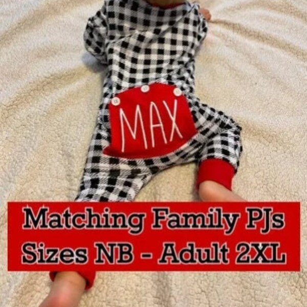 Matching Family Monogram Christmas Buffalo Plaid Pajama PJ drop seat butt flap Kids Boys Girls Personalized Name Red Black White check