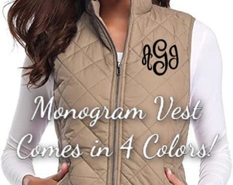 Women's Monogram Vest Puffy Quilted Jacket Black Khaki Wine Red Olive Green Tan Beige Embroidered Christmas Gift Present 2023 Mom Daughter