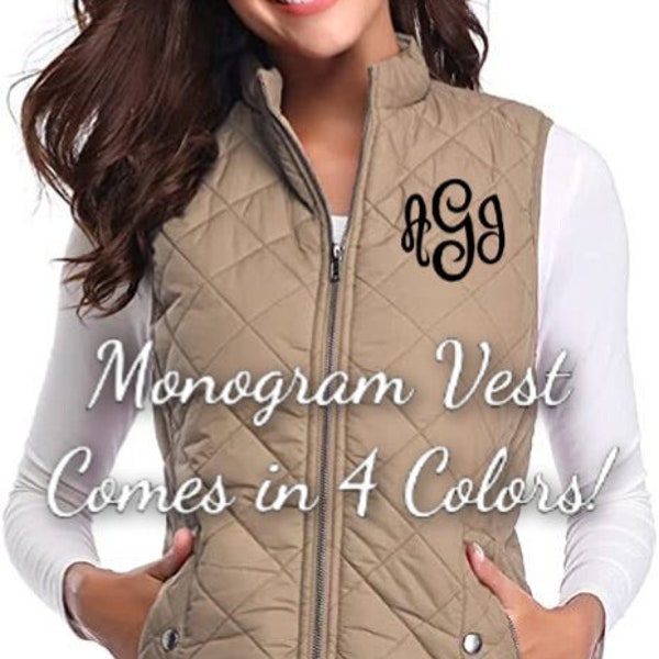 Women's Monogram Vest Puffy Quilted Jacket Black Khaki Wine Red Olive Green Tan Beige Embroidered Christmas Gift Present 2023 Mom Daughter
