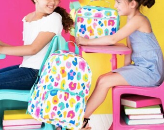 Girls Monogram Backpack and Matching Lunch Box Set Personalized Fun Leopard Book Bag Back to School Viv Lou Toddler Kid Full Size