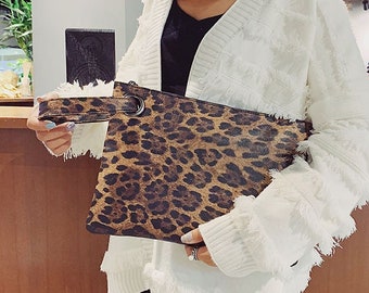 Women's Monogram Oversized Clutch Leopard Cow Animal Print Vegan Leather PU Handheld Wristlet Large Handbag Evening Purse Bag personalize