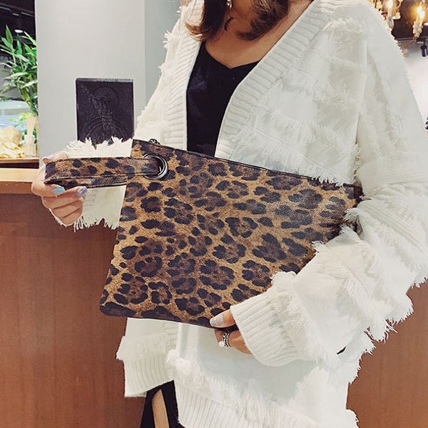 Women's Monogram Oversized Clutch Leopard Cow Animal Print Vegan Leather PU Handheld Wristlet Large Handbag Evening Purse Bag personalize