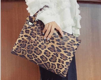 Women's Monogram Oversized Clutch Leopard Cow Animal Print Vegan Leather PU Handheld Wristlet Large Handbag Evening Purse Bag personalize
