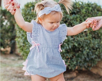 Baby Toddler Girls Monogram Blue Seersucker Ruffle Romper Sun Bubble Bow Sunsuit Personalized Embroidered Summer 4th July Name Pink