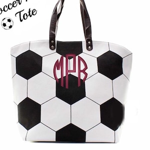 Soccer Mom Monogram Canvas Tote shoulder bag personalize game time sport team gift present field black white ball season embroider