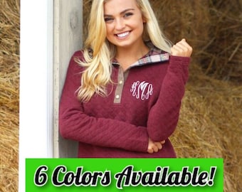 Women's Monogrammed Quilted Pullover Plaid Collar Burgundy Gray Green Beige Black sweater sweatshirt jacket Christmas Present