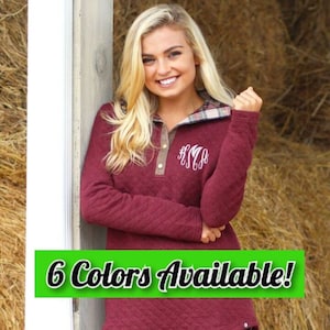 Women&#39;s Monogrammed Quilted Pullover Plaid Collar Burgundy Gray Green Beige Black sweater sweatshirt jacket Christmas Present