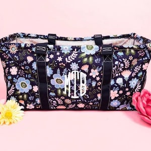 Monogramm Große Gebrauchs-Einkaufstasche Personalisieren Benutzerdefinierte Name Faltbare Lagerung Tragen Reise Pool Strand Lehrer Geschenk Picknick Blau Blumenpfirsich