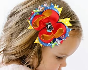 Girls Back to School 6" Red ABC Hair Bow Accessories pencil crayon metal hair clip Large First Day of School outfit Apple