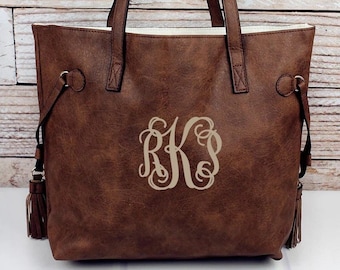 ON SALE!!! Monogram Side Tassel Purse Shoulder HandBag Tote Hand Bag Personalize Vegan Leather Storage Travel Teacher brown woman